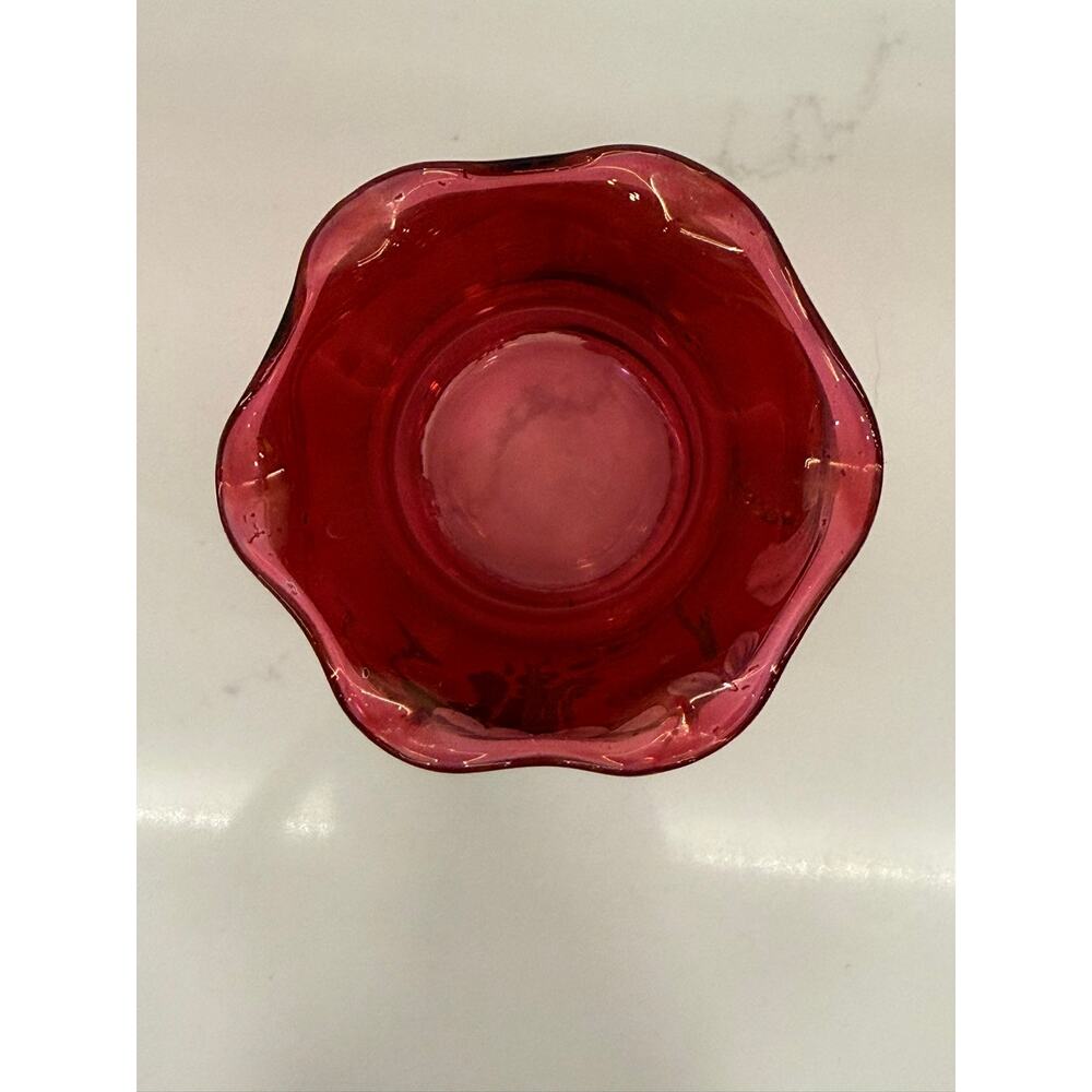 VTG Iridescent Cranberry Hand Painted Ruffled Rim Bud Vase - Picture 5 of 6